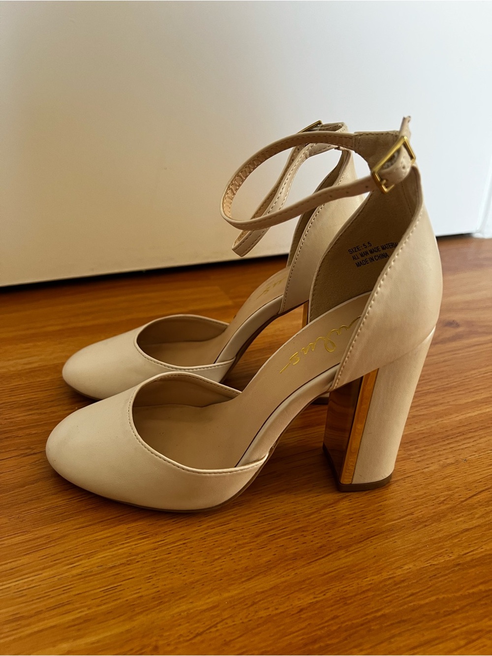Lulu's Nude Ankle-Strap Block Heels with Gold Metallic Heel - Picture 3 of 7